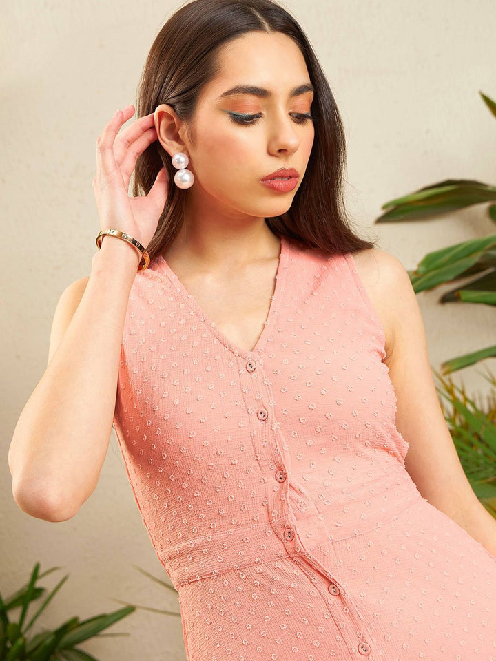 SASSAFRAS Peach-Coloured Self Design Georgette A-Line Midi Dress