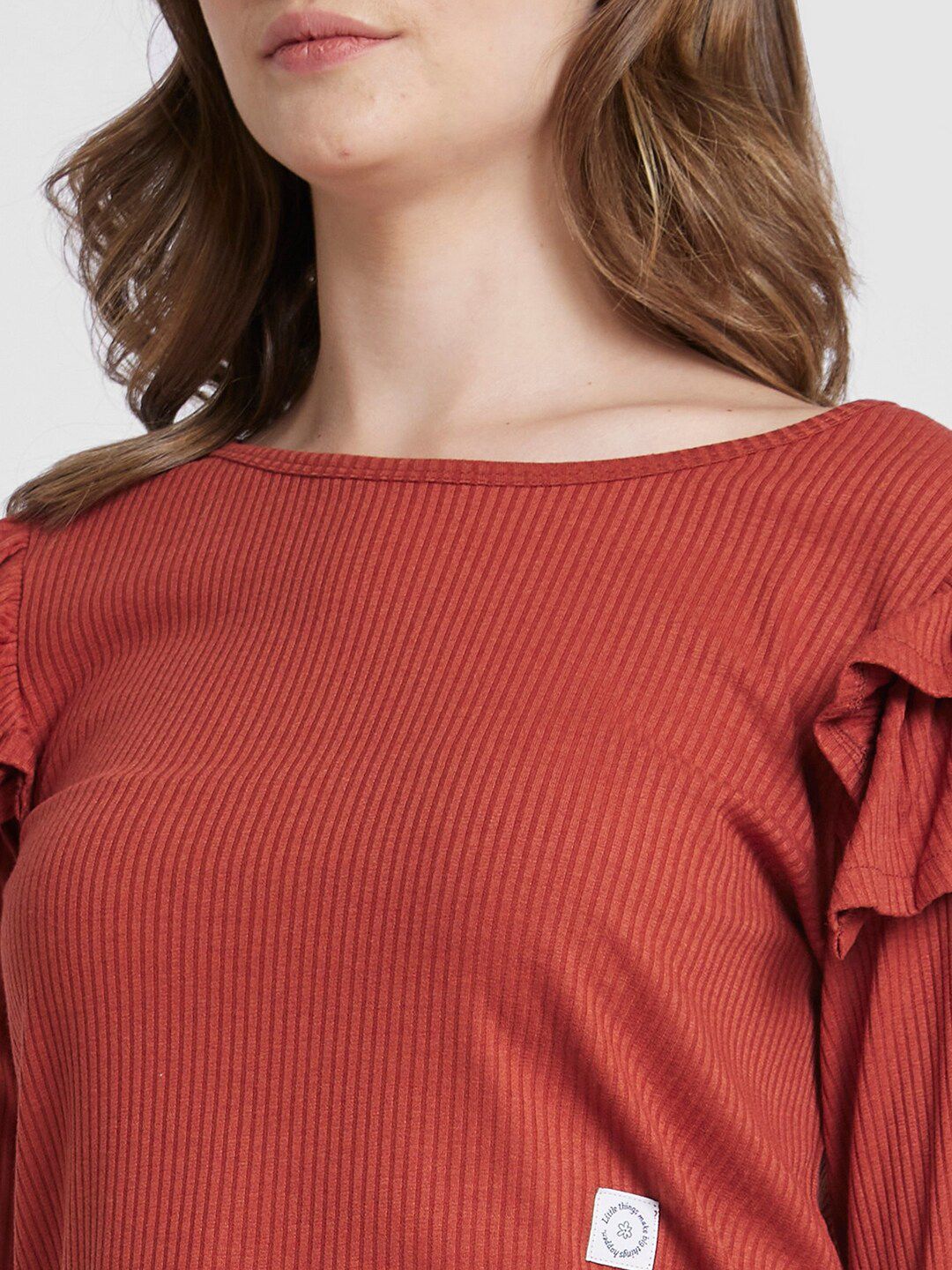 SPYKAR Self Design Boat Neck Ruffles Detail Cotton Top