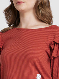 SPYKAR Self Design Boat Neck Ruffles Detail Cotton Top
