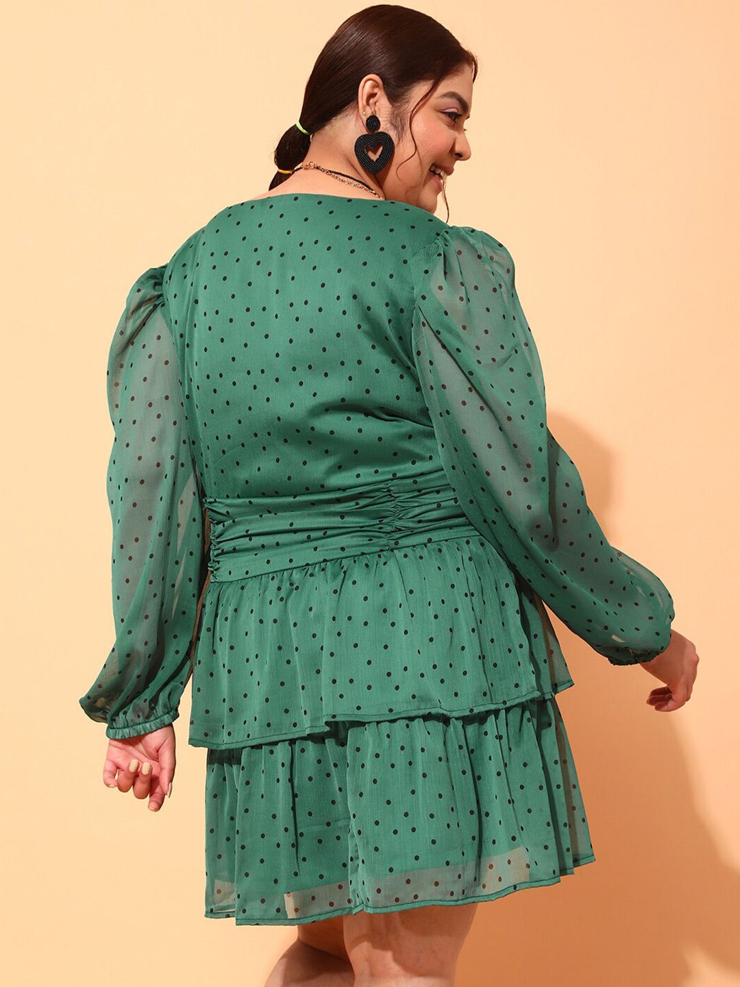 CURVY STREET Plus Size Green & Black Polka Dot Printed Puff Sleeves Fit & Flare Dress