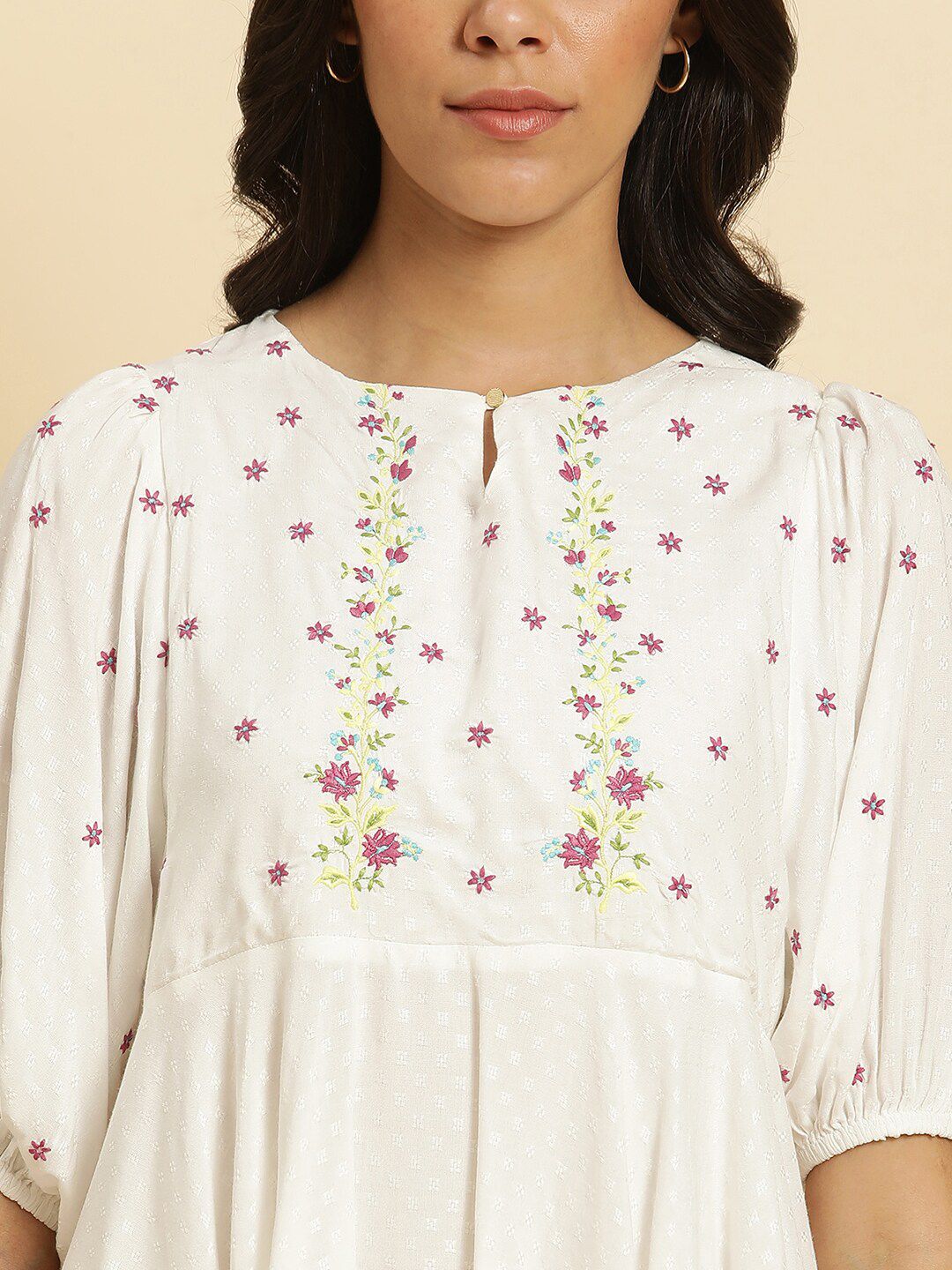 W Floral Embroidered Puff Sleeve A Line Top