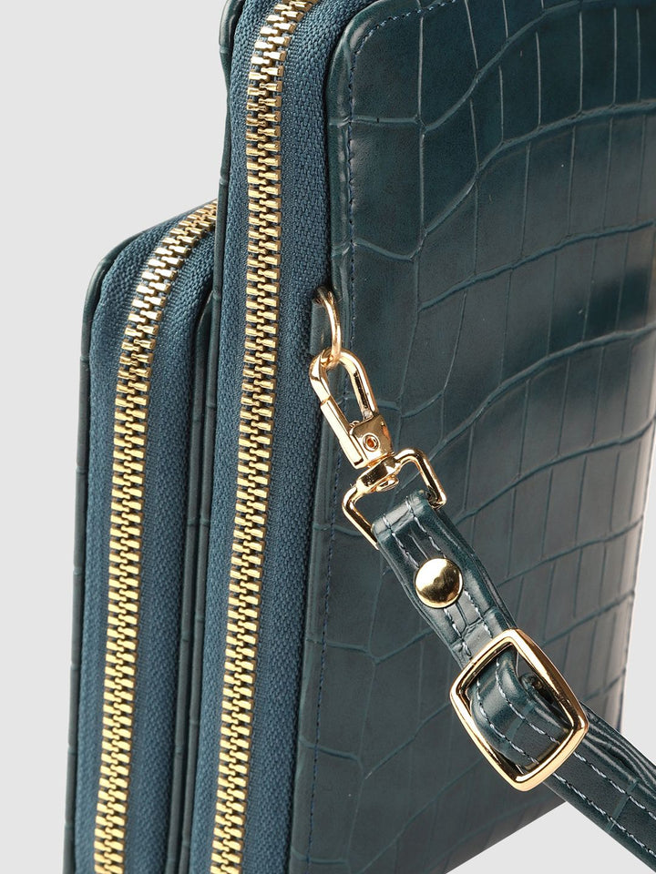 Lino Perros Teal Blue Croc Textured Structured Sling Bag with Detachable Sling Strap