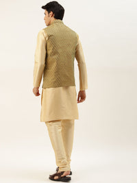 SOJANYA Lelaki Motif Etnik Hijau Zaitun & Jacquard Emas Kurta & Churidar dengan Jaket Nehru