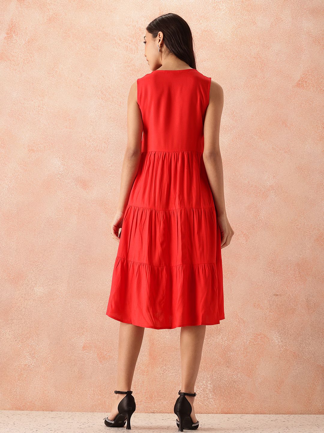 all about you Tie-Up Neck A-Line Tiered Midi Dress