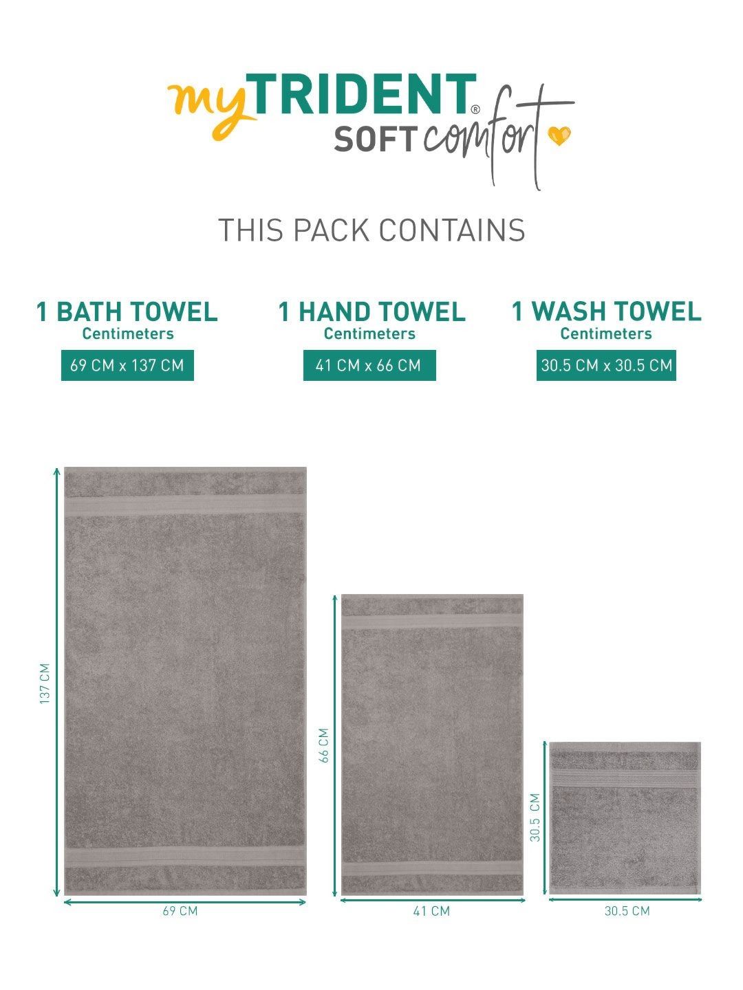 MYTRIDENT Soft Comfort Charcoal 3 Pieces Pure Cotton 500 GSM Towel Set