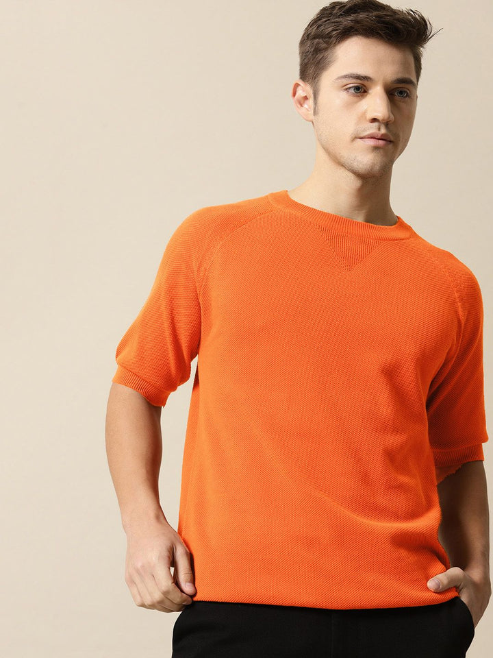 Mr Bowerbird Men Rust-Coloured Solid Tailored Fit Round Neck Sweater Pure Cotton T-shirt
