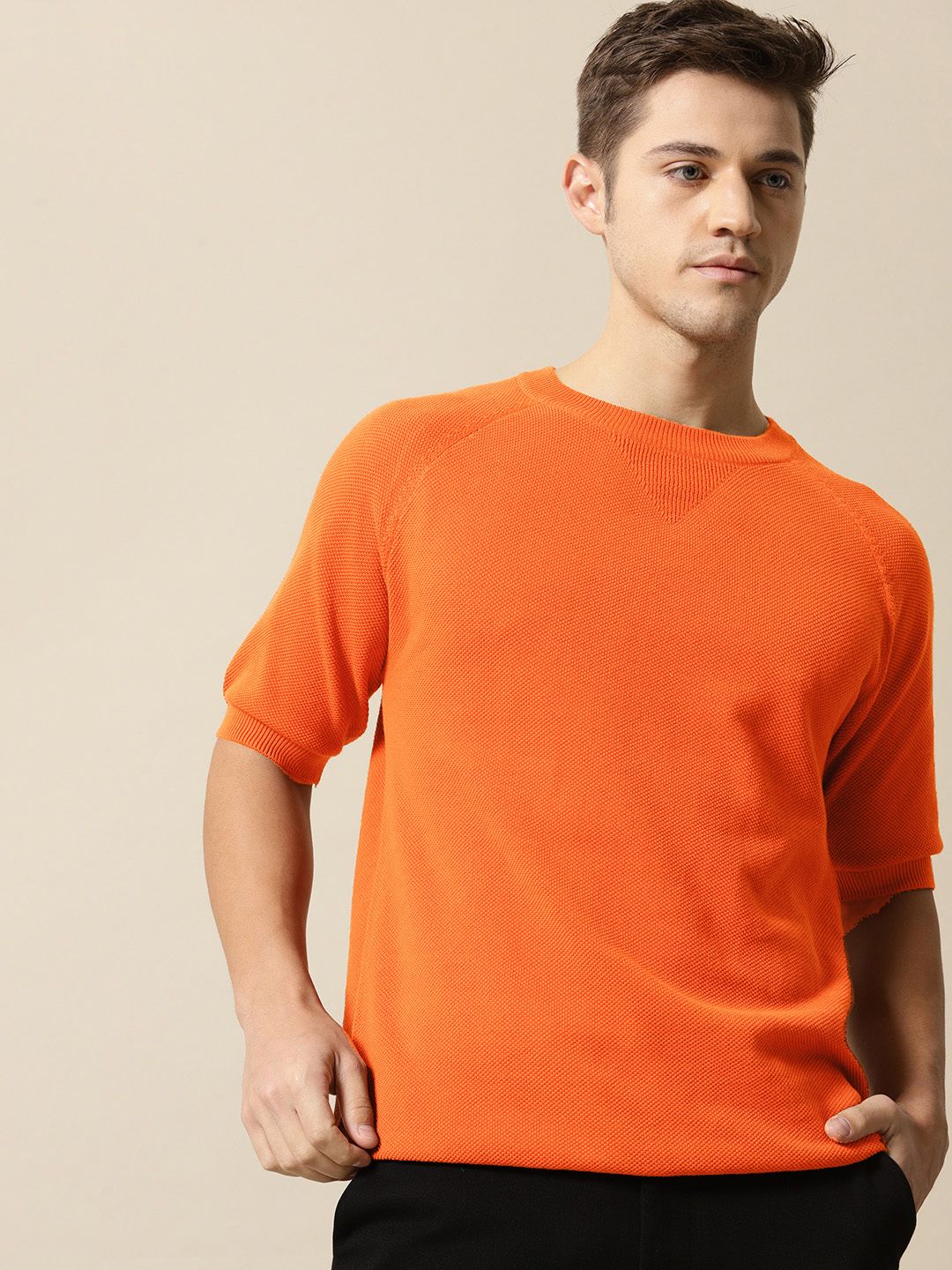Mr Bowerbird Men Rust-Coloured Solid Tailored Fit Round Neck Sweater Pure Cotton T-shirt