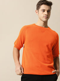 Mr Bowerbird Men Rust-Coloured Solid Tailored Fit Round Neck Sweater Pure Cotton T-shirt