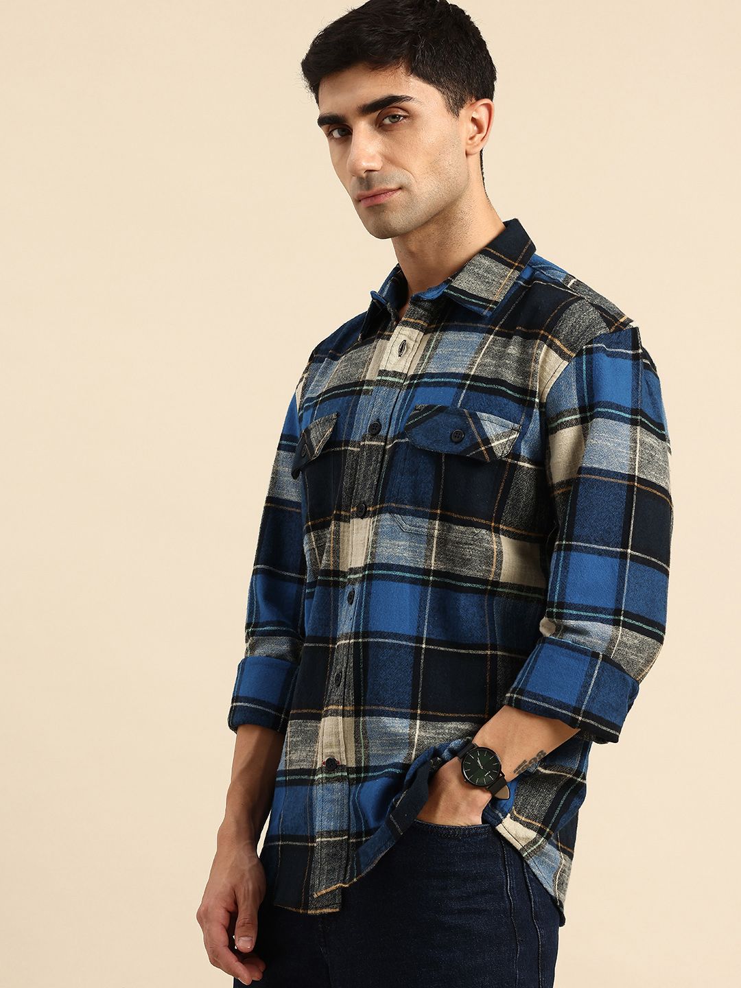 Being Human Checked Drop-Shoulder Sleeves Pure Cotton Casual Shirt