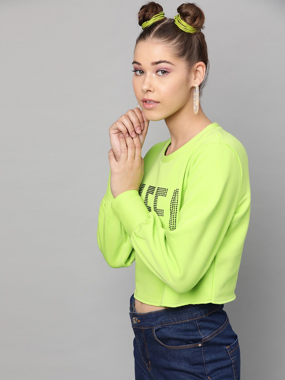 STREET 9 Women Fluorescent Green Printed Sweatshirt