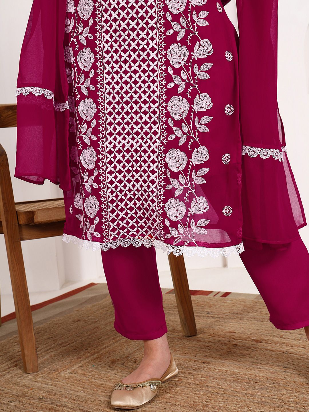 KALINI Floral Embroidered Chikankari Georgette Straight Kurta With Trousers & Dupatta