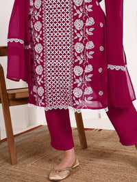 KALINI Floral Embroidered Chikankari Georgette Straight Kurta With Trousers & Dupatta