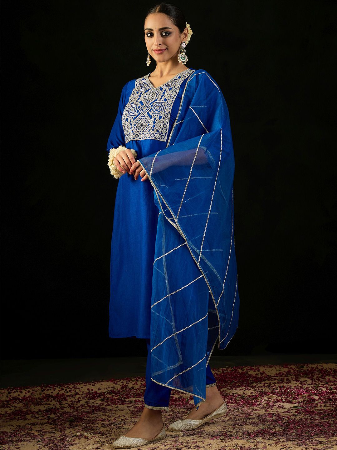 Indo Era V Neck Floral Yoke Design Zardozi Straight Kurta with Trouser & Dupatta