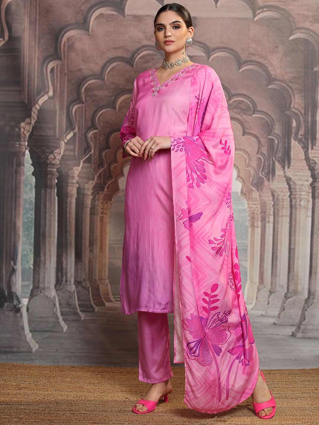 Vishudh Pink Floral Yoke Design Thread Work Straight Kurta With Trousers & Dupatta