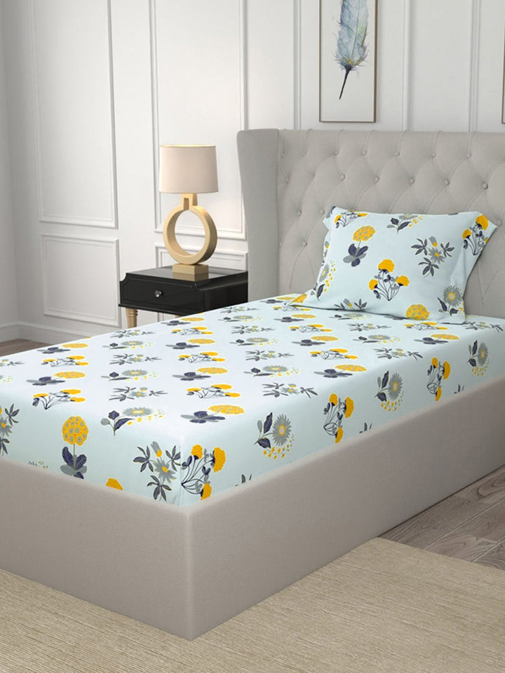 URBAN SPACE Radiance Sky Blue 200 TC Floral Single Bedsheet