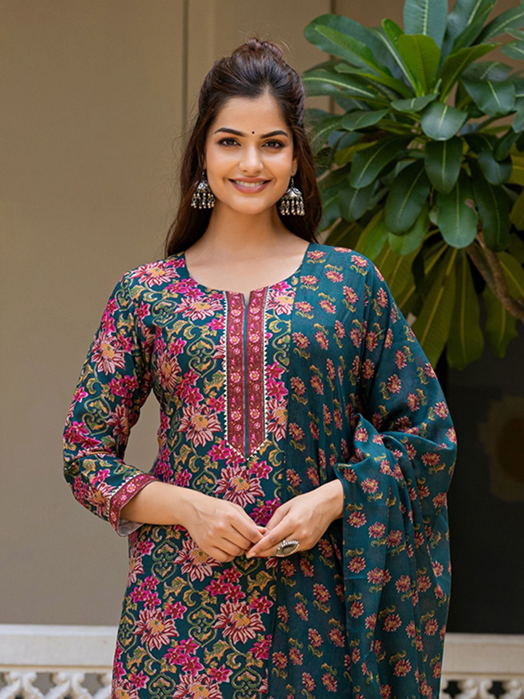 KALINI Women Floral Printed Regular Kurta with Trousers & Dupatta