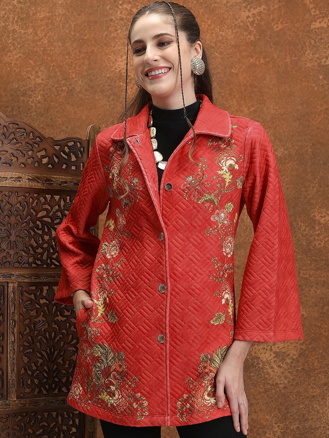 Vishudh Floral Printed Spread Collar Longline Tailored Jacket