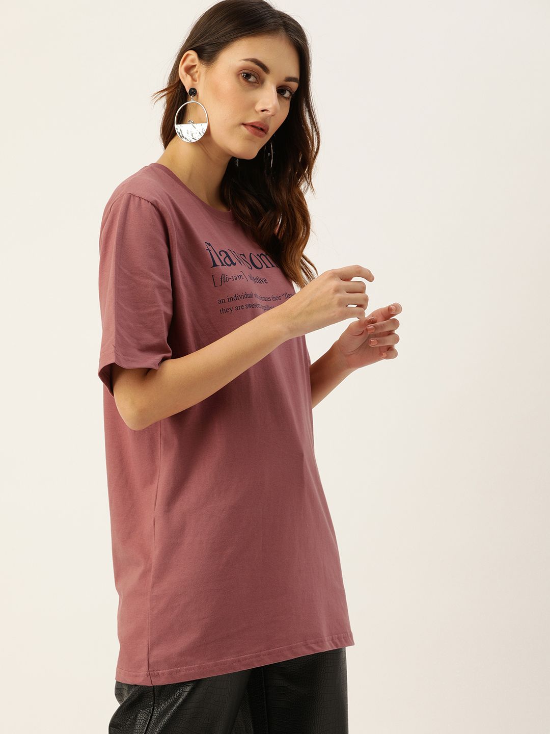 DILLINGER Women Rose Printed Longline Oversized Cotton Pure Cotton T-shirt