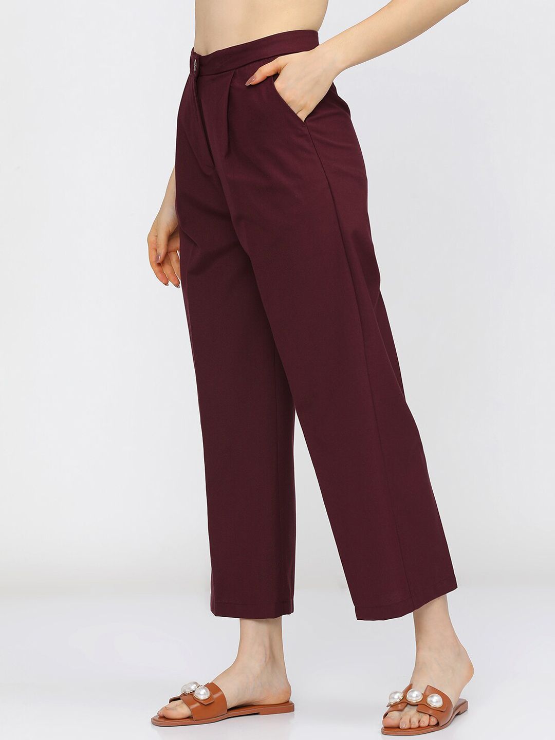 Tokyo Talkies Women Burgundy Flared Pleated Parallel Trousers