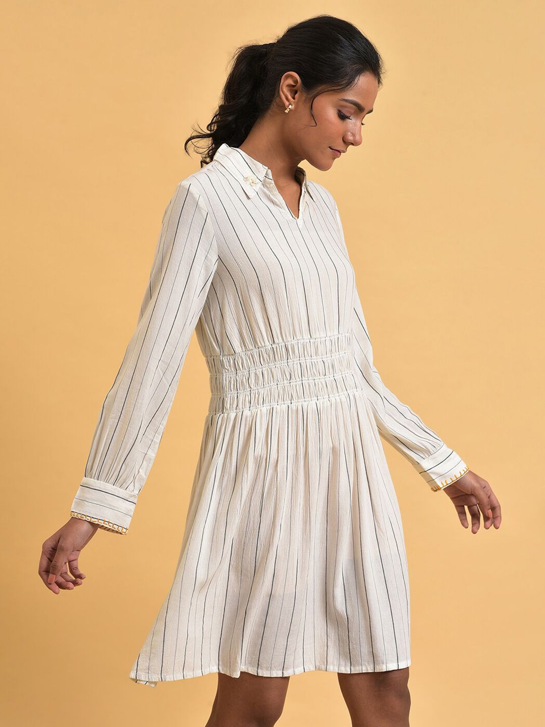 W Shirt Collar Striped Shirt Dress