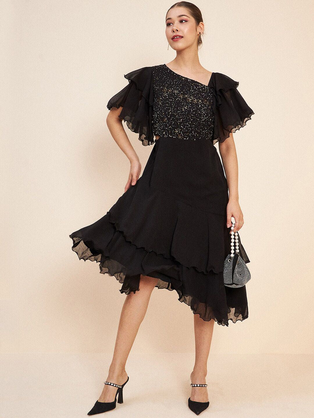 Antheaa Black V-Neck Flutter Sleeve Embellished Detail Fit & Flare Dress