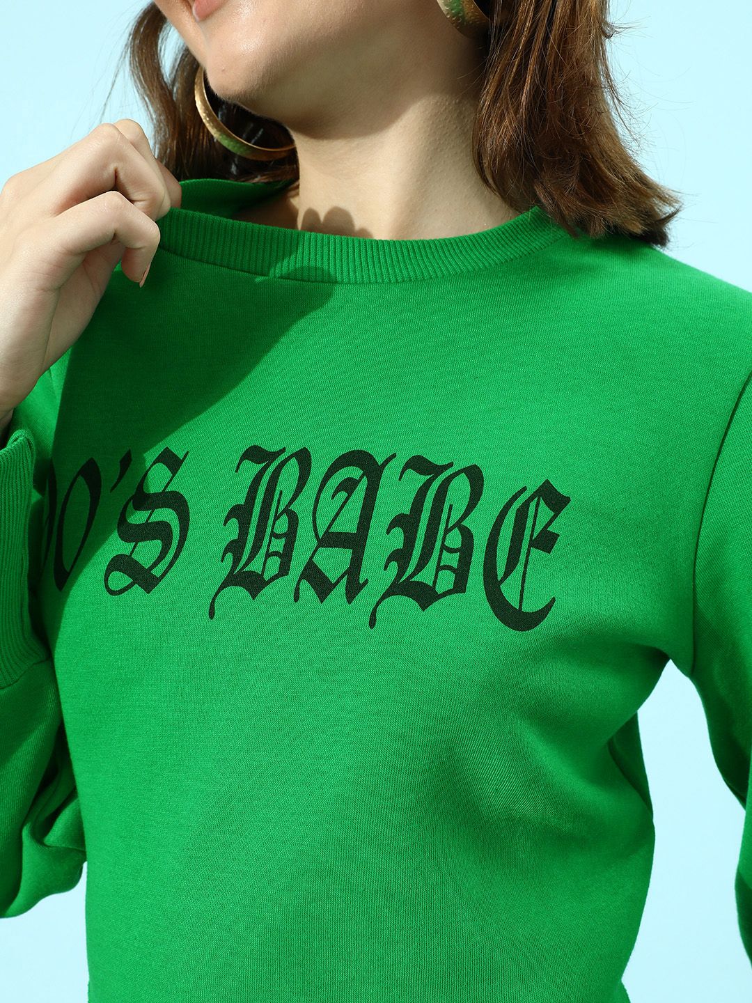 STREET 9 Women Gorgeous Green Typography Cropped Sweatshirt