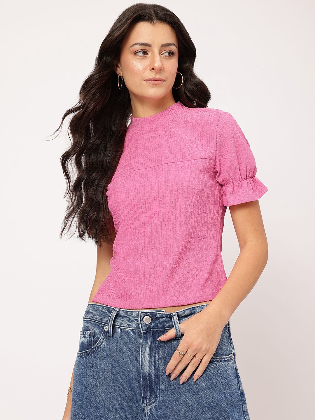 DressBerry Cuteness Overloaded Textured Short Bell Sleeve Top