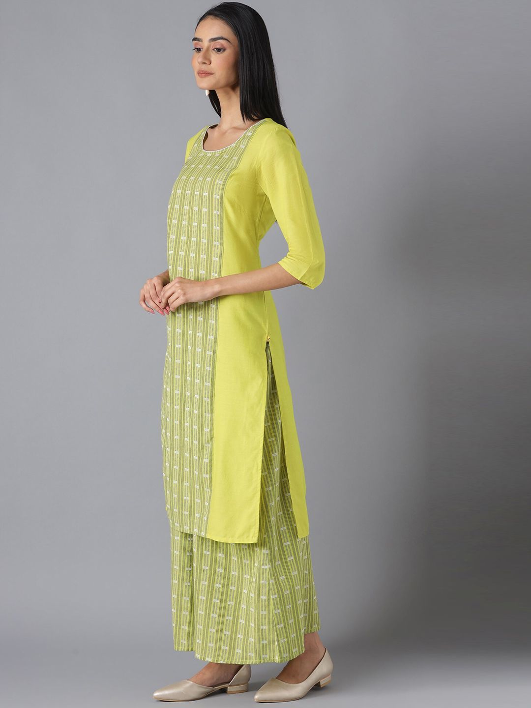 AURELIA Women Green Printed Panelled Pure Cotton Kurta with Palazzos