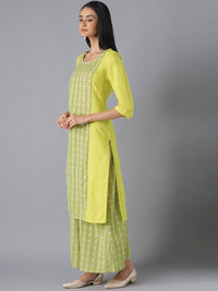 AURELIA Women Green Printed Panelled Pure Cotton Kurta with Palazzos
