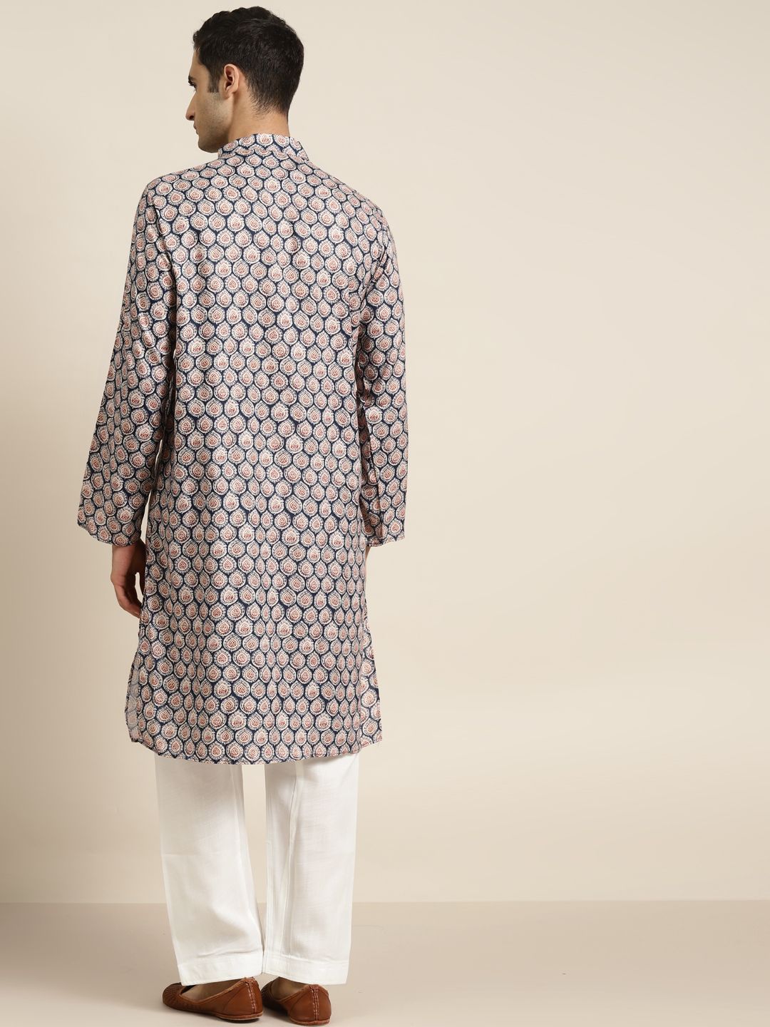 SOJANYA Men Navy Blue & Beige Ethnic Motifs Printed Pure Cotton Kurta