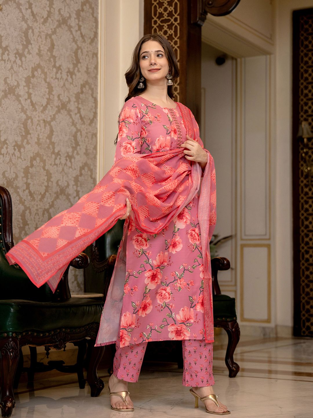 KALINI Floral Printed Mirror Work Straight Kurta With Trousers & Dupatta