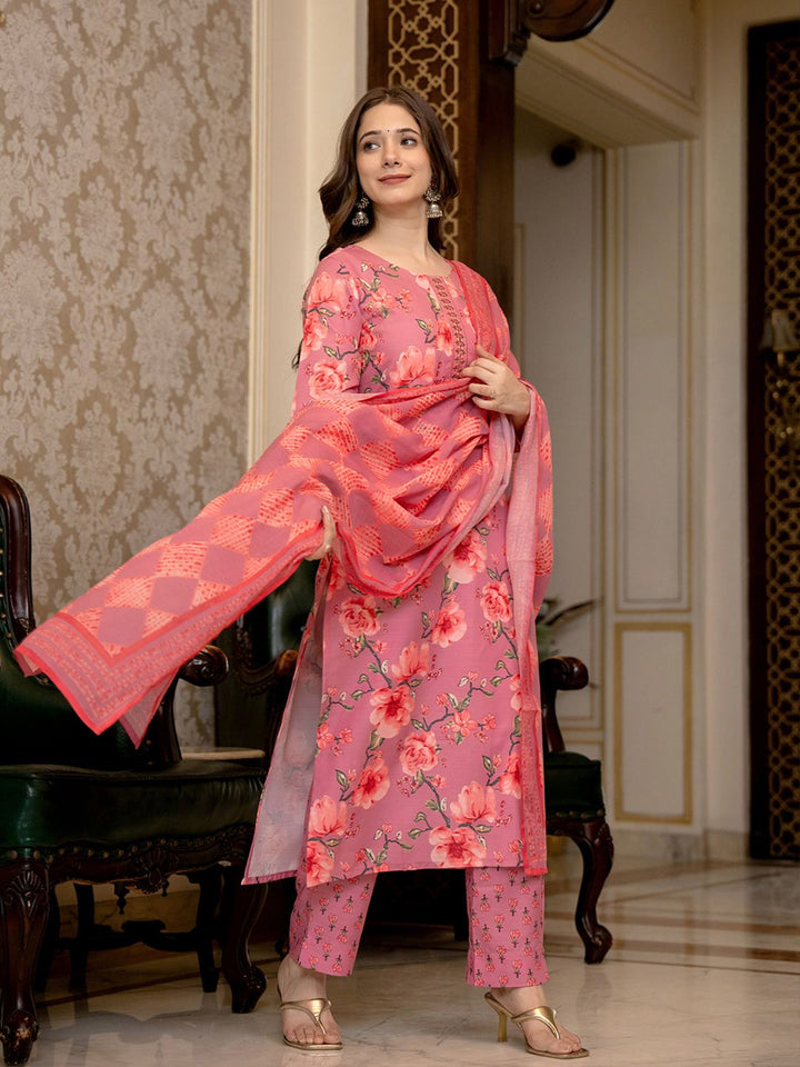 KALINI Floral Printed Mirror Work Straight Kurta With Trousers & Dupatta