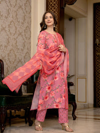 KALINI Floral Printed Mirror Work Straight Kurta With Trousers & Dupatta