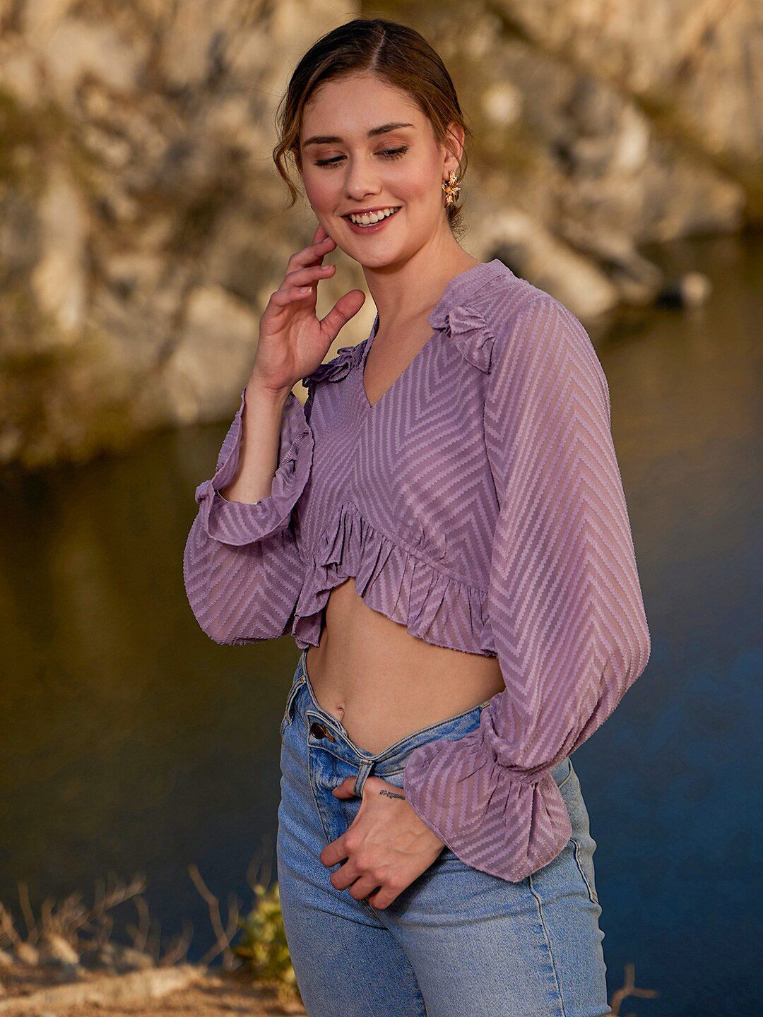 Athena Self Design Gathers & Pleated Ruffles Crop Top