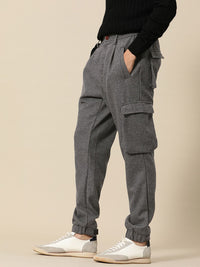Mr Bowerbird Men Charcoal Frey Liberal Fit Solid Pleated Tweed Cargos