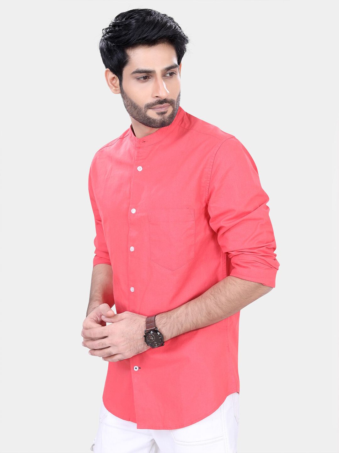 VASTRADO Classic Band Collar Long Sleeves Slim Fit Casual Shirt