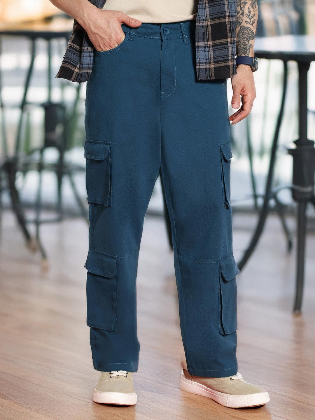 Urbano Fashion Men Denim Blue Stretchable Loose Fit Cargo Chino Pant with 8 Pockets
