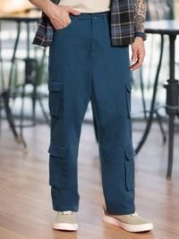 Urbano Fashion Men Denim Blue Stretchable Loose Fit Cargo Chino Pant with 8 Pockets