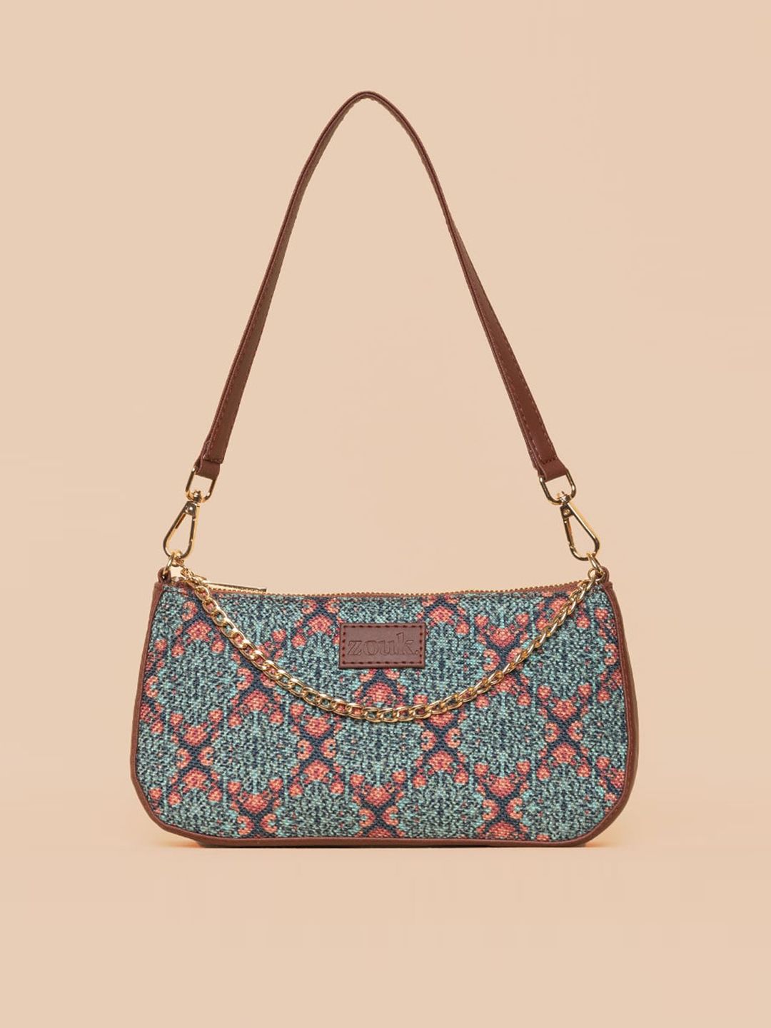 ZOUK Blue Printed Structured Baguette Sling Bag