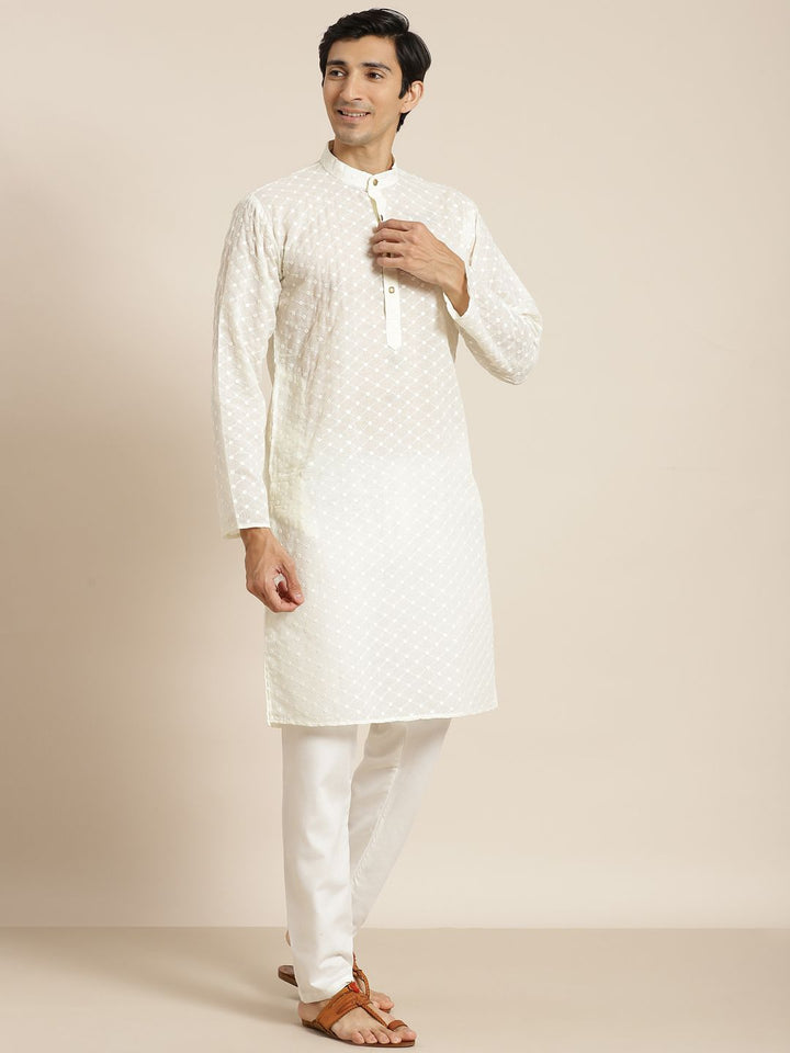 SOJANYA Men Cream-Coloured Chikankari Pure Cotton Kurta with Churidar & Nehru Jacket