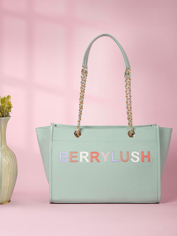 Berrylush Green Embroidered Structured Shoulder Bag