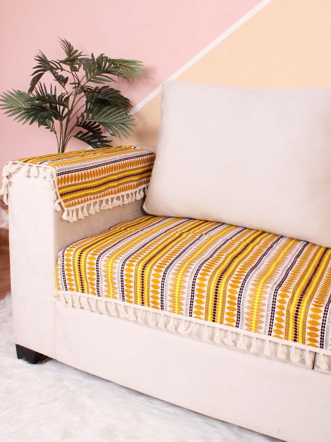 STITCHNEST Yellow & White Self Design Jacquard 3-Seater Sofa Cover