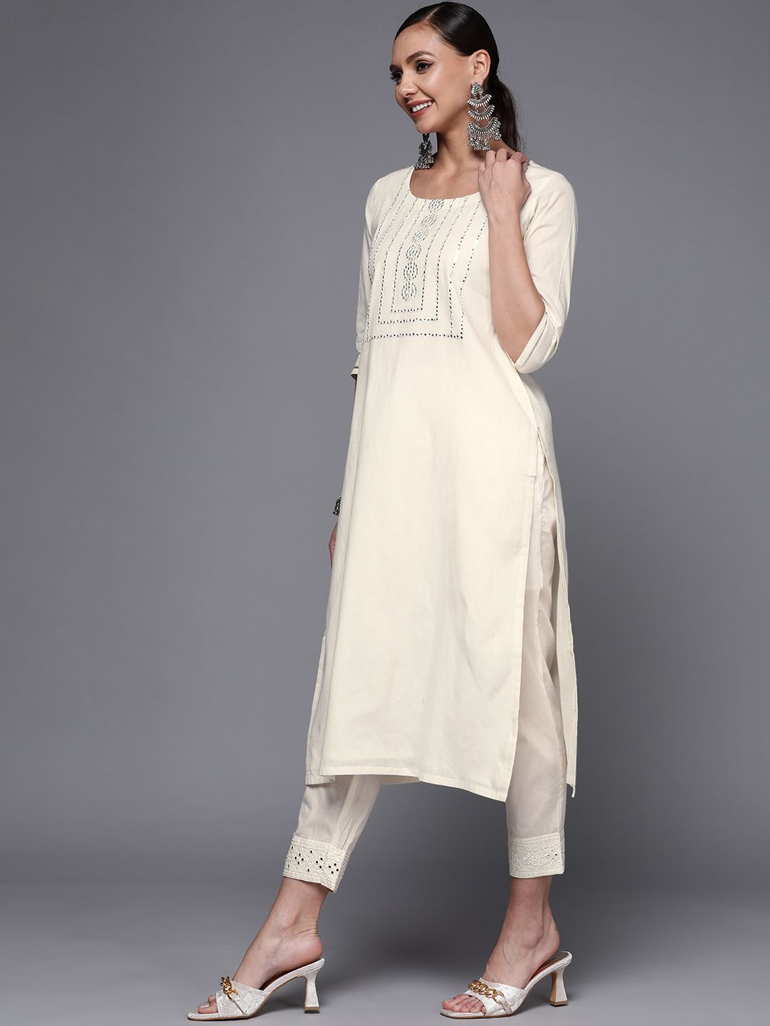 Libas Women Off White Yoke Design Mirror Work Kurta