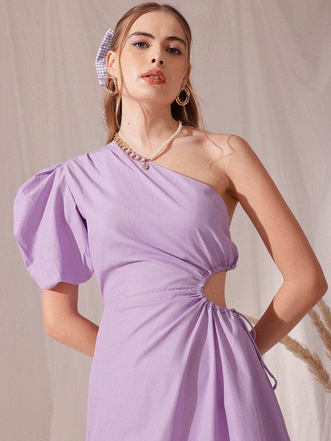STREET 9 One Shoulder Short Puff Sleeves Fit & Flare Midi Dress