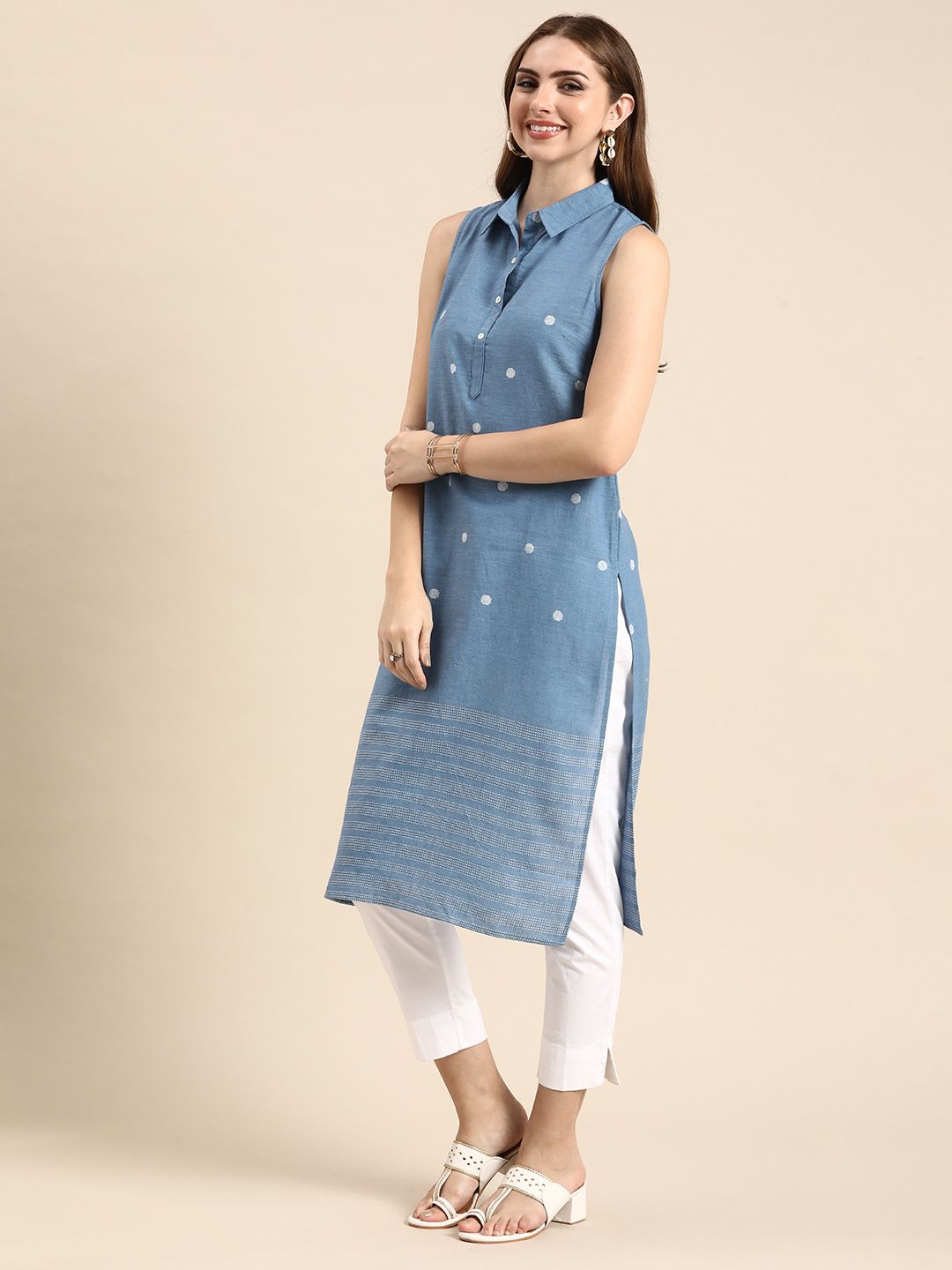 Anouk Woven Design Shirt Collar Pure Cotton Kurta