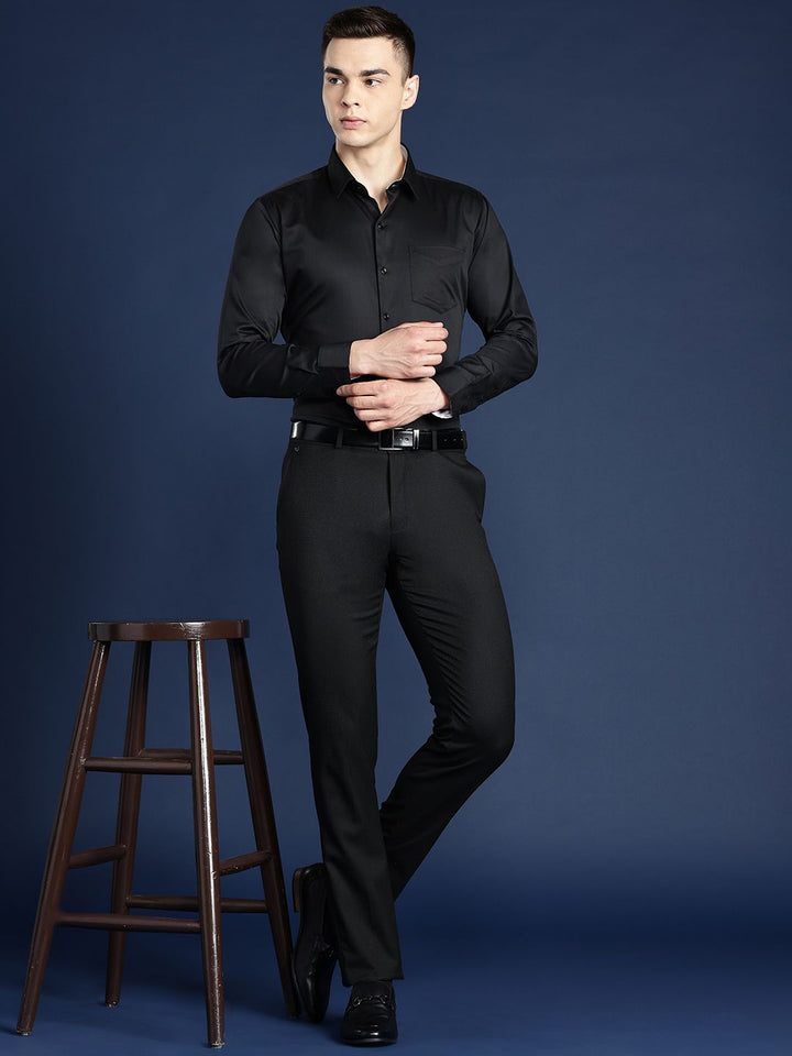 Hancock Men Black Solid Slim Fit Pure Cotton Satin Tuxedo Formal Shirt