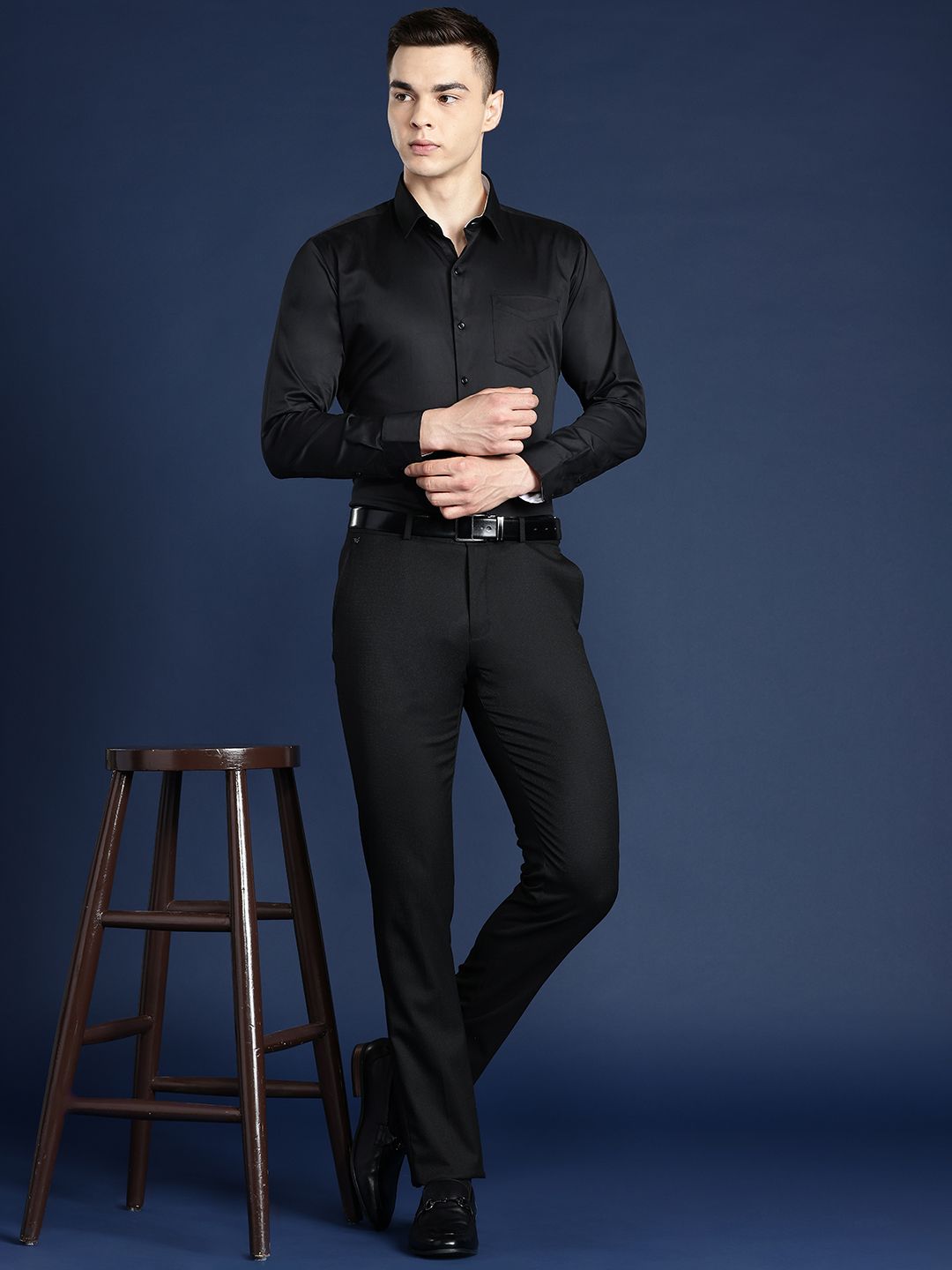 Hancock Men Black Solid Slim Fit Pure Cotton Satin Tuxedo Formal Shirt