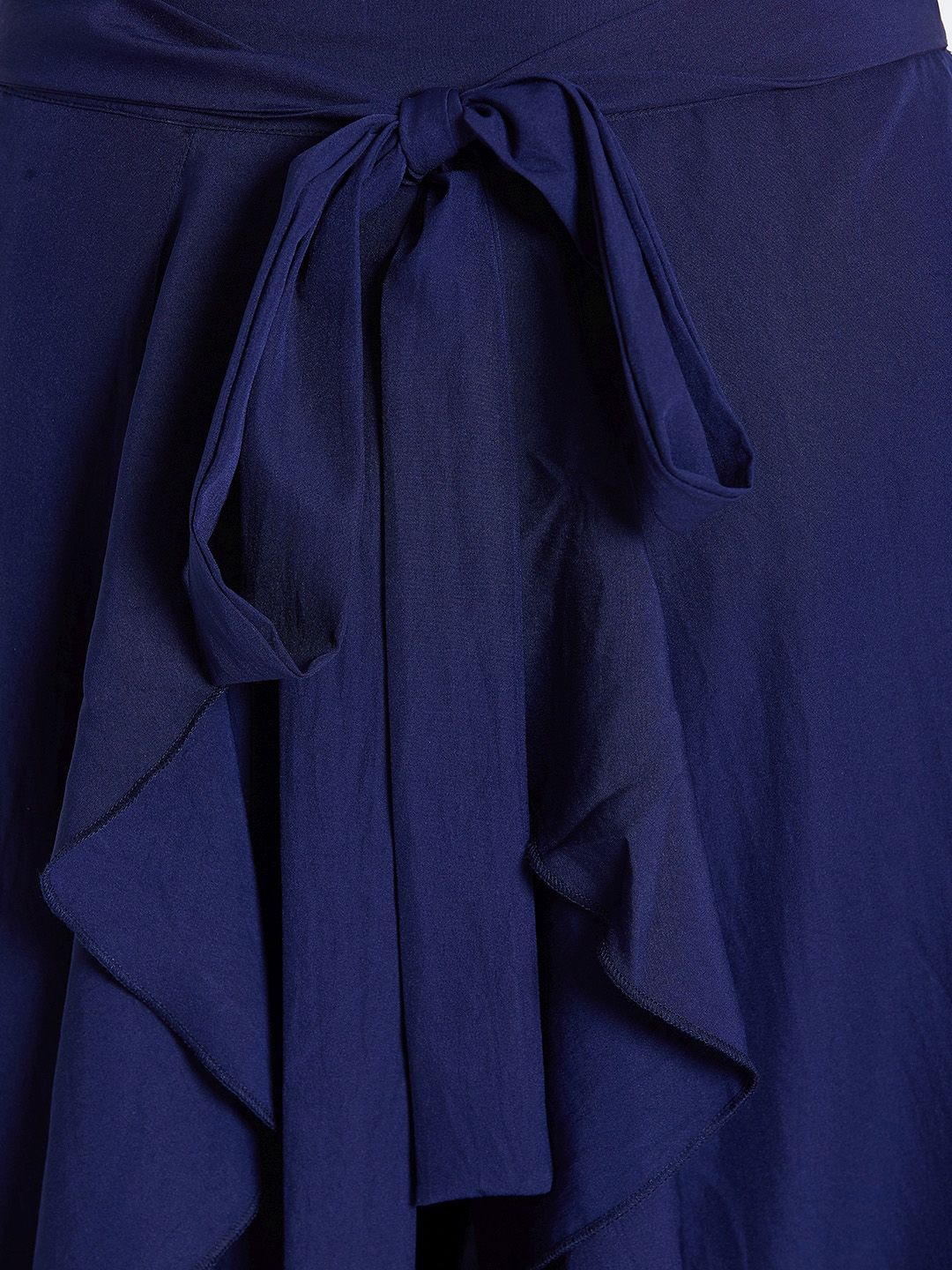Berrylush Women Navy Blue Solid Ruffle Wrap Maxi Skirt