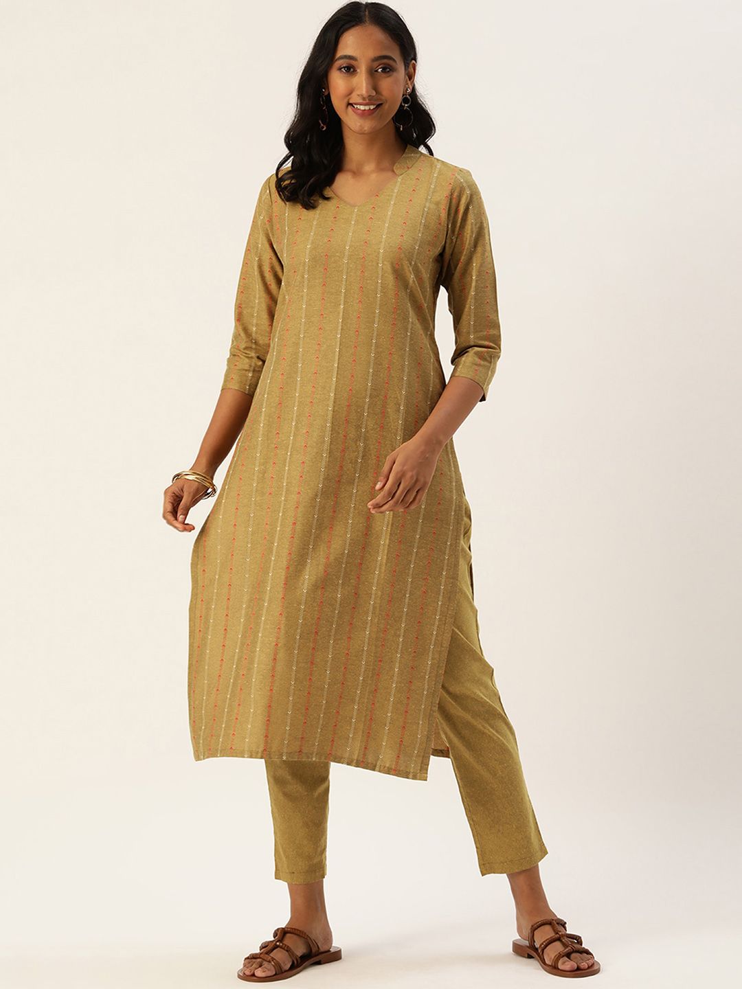 KALINI Women Striped Regular Thread Work Kurta with Trousers