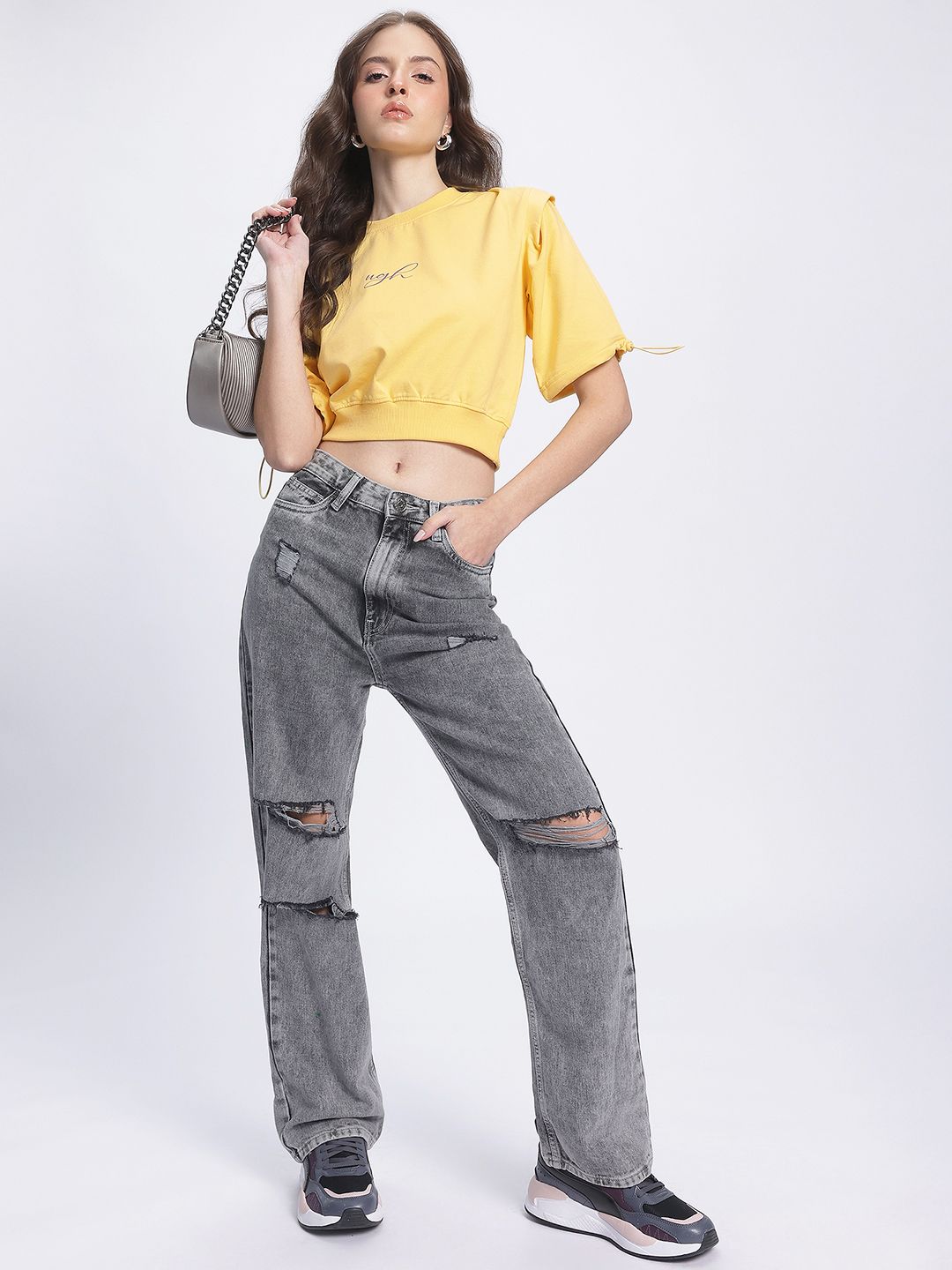 DressBerry Toggled Sleeves Crop Sweatshirt